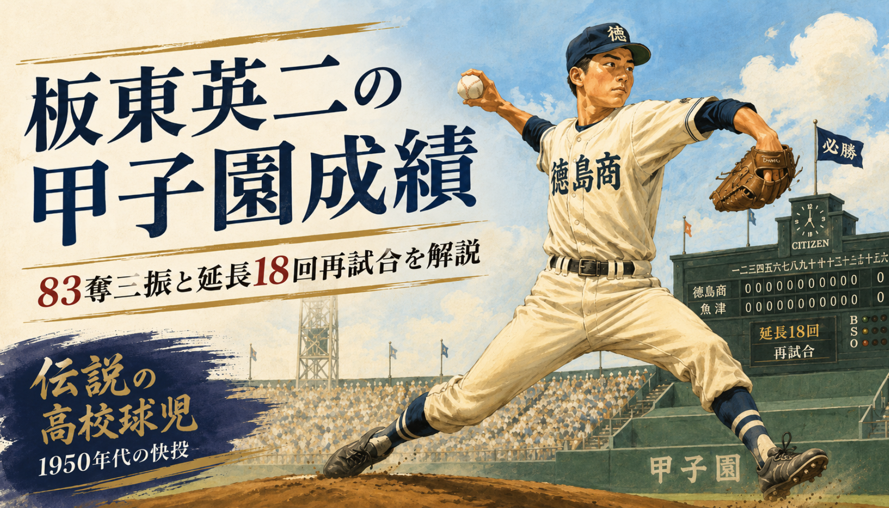 板東英二の甲子園成績 83奪三振と延長18回再試合を詳しく解説
