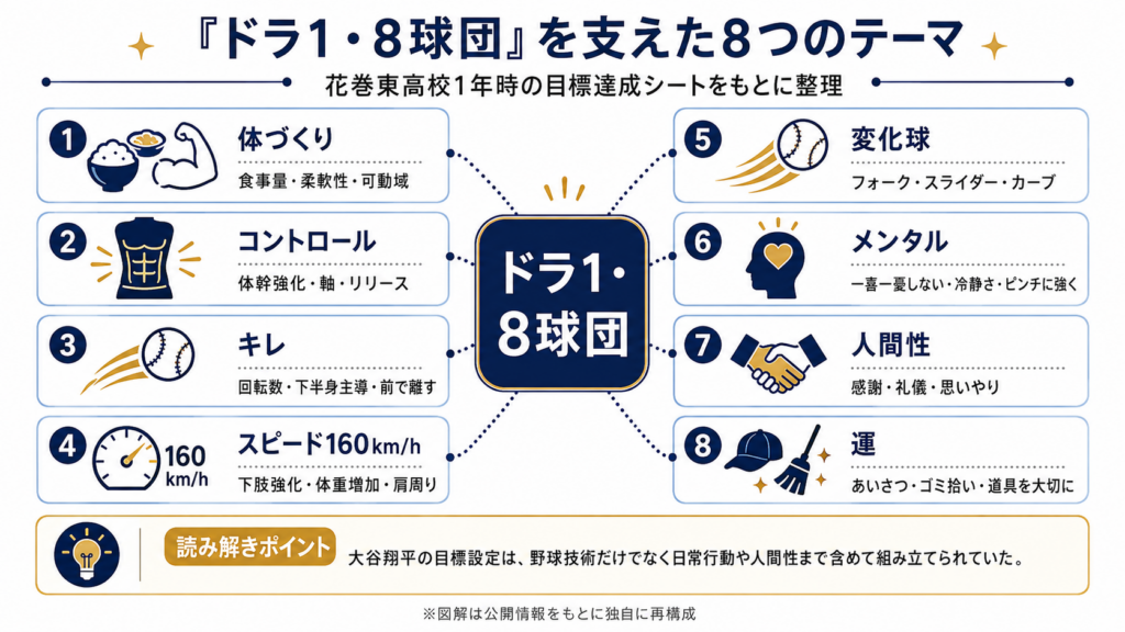 大谷翔平の高校時代の目標達成シートにあるドラ1・8球団の8テーマ