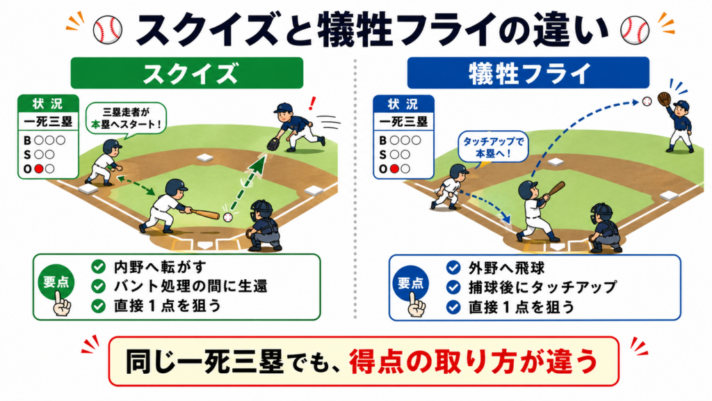 「スクイズと犠牲フライの違い」図解