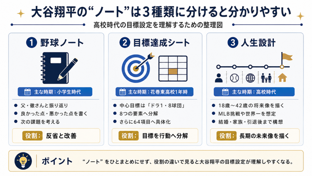 大谷翔平の野球ノート、目標達成シート、人生設計の違いを整理した図解